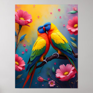 Poster Perruches belles couleurs et fleurs