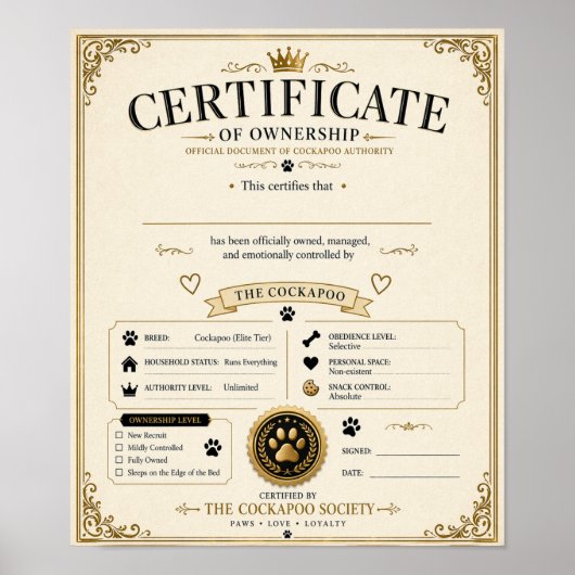 Poster Personalised Cockapoo Owner Certificate – dog gift (Devant)