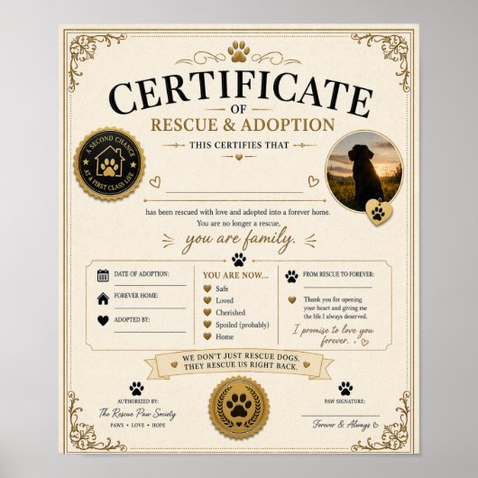 Poster Personalised Dog Adoption Certificate Gift (Devant)