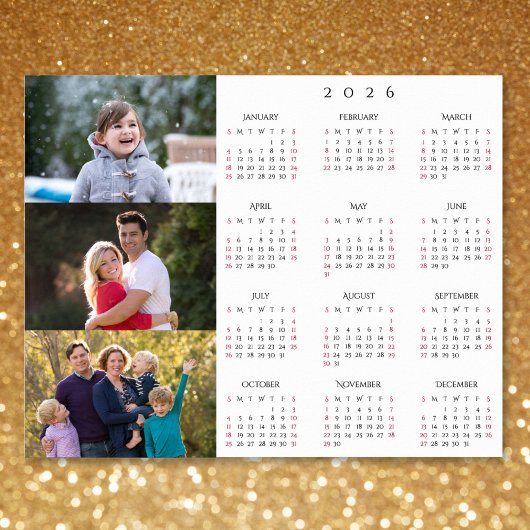 Poster Personalized 3 Photo Collage Family 2026 Calendar