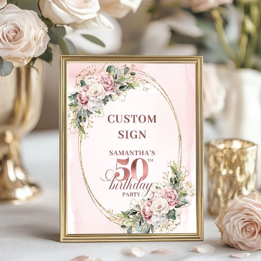 Poster Personalized Graceful Blush Greenery 50th Birthday