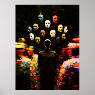 Poster Personnage sans visage entouré de visages masqués