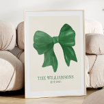 Poster Personnalisé Nom De Famille Est Date Coquette Gree<br><div class="desc">Célébrez l’héritage de votre famille grâce à cette affiche personnalisée de marque Est Date Coquette Green Bow, un joli ajout à n’importe quelle maison. Doté d'un arc vert délicat et d'une écriture élégante, ce design allie une touche douce et féminine à une personnalisation intemporelle. Parfait pour présenter votre nom de...</div>