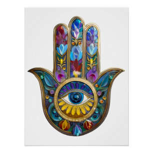 Poster Pétales Colorés Feuilles Hamsa Saphir Troisième Œi