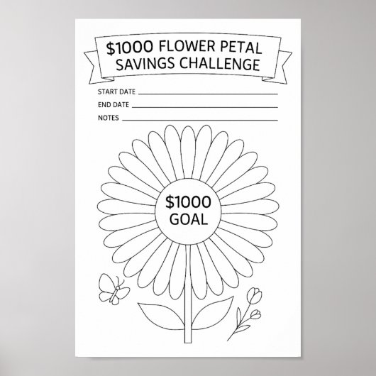 Poster Pétales de fleurs $1000 Savings Challenge Tracker (Devant)