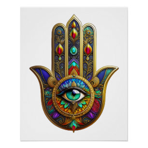 Poster Pétales de fleurs de couleur de paon Hamsa Vert Tr