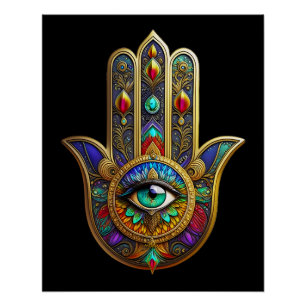 Poster Pétales de fleurs de couleur de paon Hamsa Vert Tr