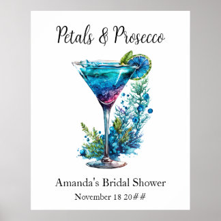 Poster Pétales et Prosecco Bleu Floral Blush Fête des mar