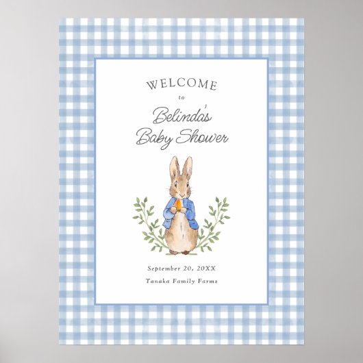 Poster Peter Rabbit Blue Gingham Baby Shower Welcome (Devant)
