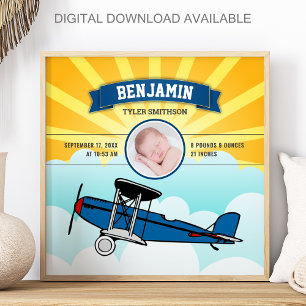 Poster Petit avion bleu pilote bébé photo stats de naissa