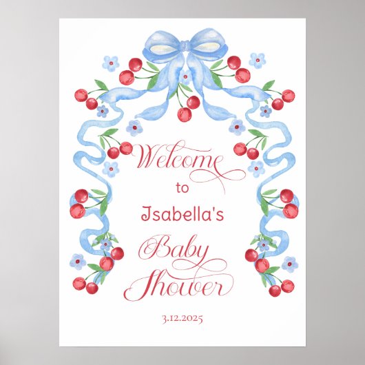Poster Petit Baby shower Cerise Bleu Bow Accueil (Devant)
