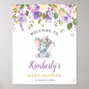 Poster Petit baby shower fleuri violet d'éléphant accueil
