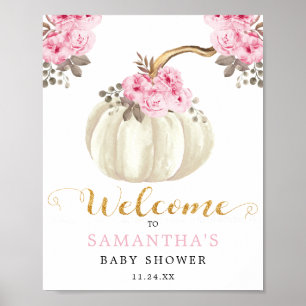 Poster Petit Baby shower Floral rose Citrouille blanc