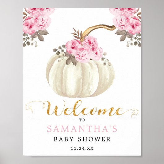Poster Petit Baby shower Floral rose Citrouille blanc (Devant)