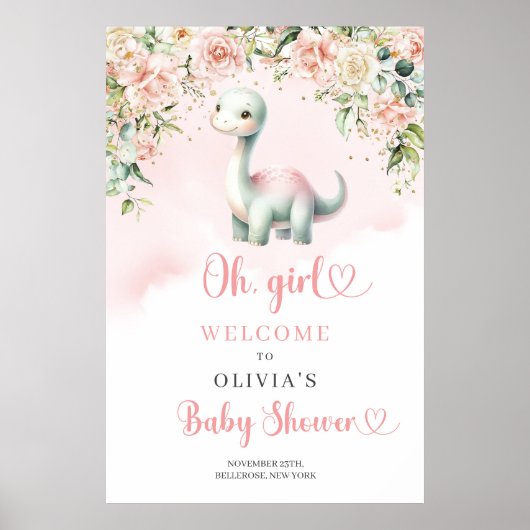 Poster Petit bébé dinosaure fille rousse roses bienvenue (Devant)