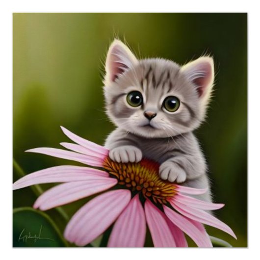 Poster Petit chat gris floral mignon (Devant)