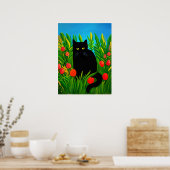 Poster Petit chat noir dans un jardin de tulipes (Cuisine)