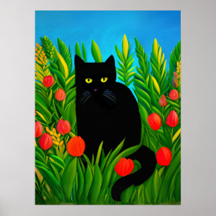 Poster Petit chat noir dans un jardin de tulipes