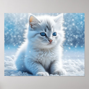 Poster Petit chaton blanc Noël dans la neige