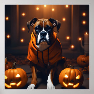 Poster Petit chien de boîte d'Halloween avec Citrouilles 