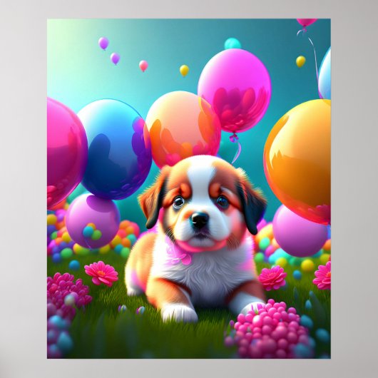 Poster Petit chiot avec ballons - doux (Devant)