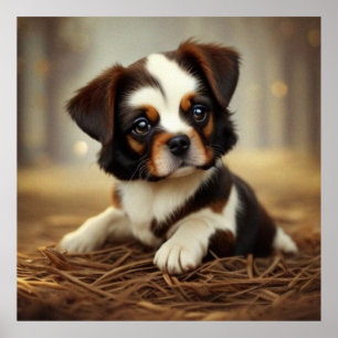 Poster Petit chiot mignon chien brun foncé et blanc