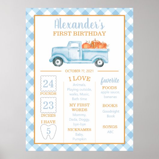 Poster Petit Citrouille bleu camion premier anniversaire  (Devant)