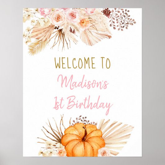 Poster Petit Citrouille Boho Floral Anniversaire Bienvenu (Devant)