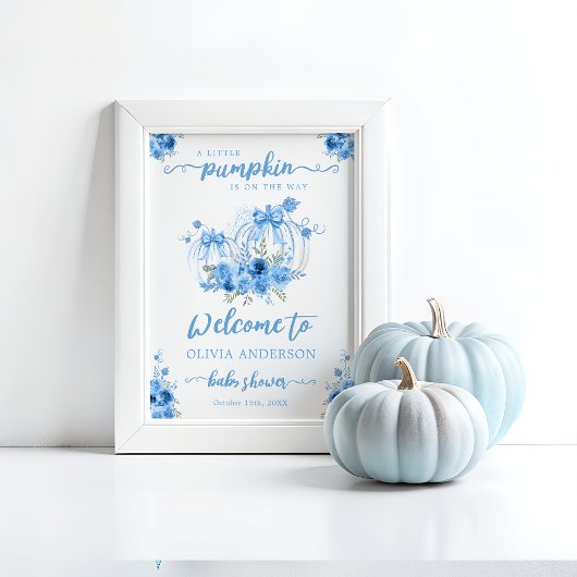 Poster Petit Citrouille Bow Blue Baby shower Bienvenue