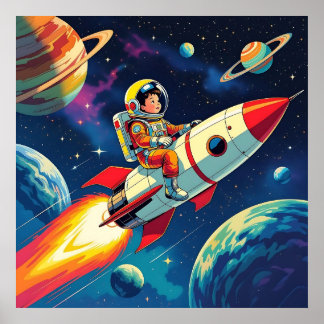 Poster Petit garçon à bord d'un navire à fusée volant dan