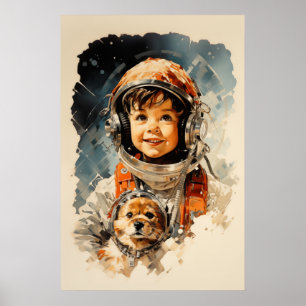Poster Petit garçon astronaute et chien
