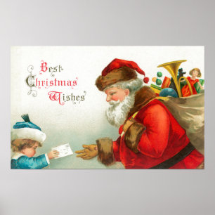 Poster Petit garçon donnant une lettre à Père Noël