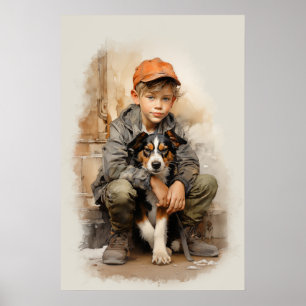 Poster Petit garçon et chien