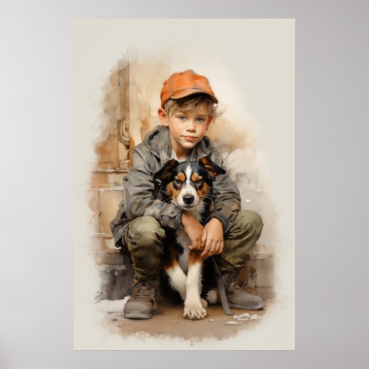 Poster Petit garçon et chien (Devant)