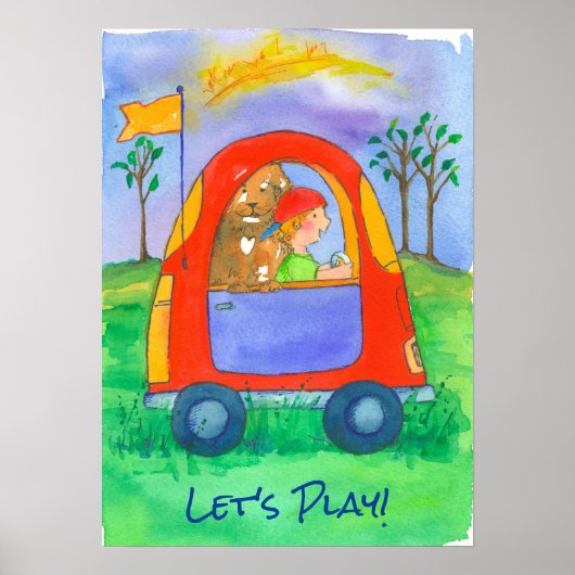 Poster Petit garçon et chien Jouons (Devant)