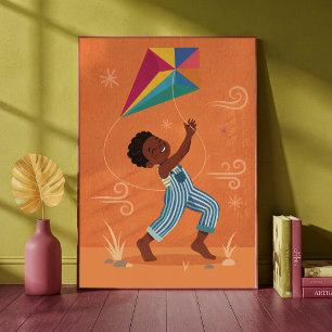 Poster Petit Garçon Heureux Faisant Voler un Cerf-Volant