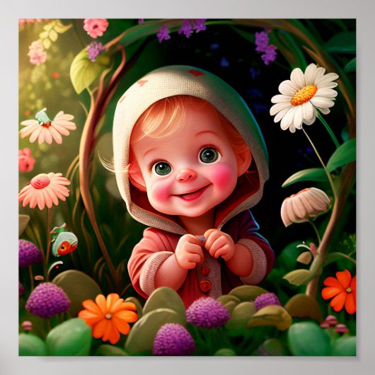 Poster Petit Garçon Souriant Dans Un Jardin De Fleurs (Devant)