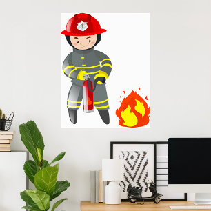 Poster Petit héros pompier éteignant un incendie