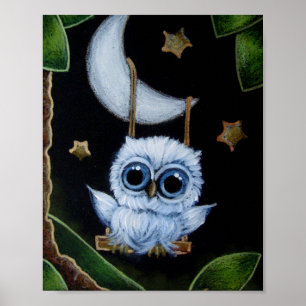 POSTER PETIT HIBOU BLEU SE BALANÇANT DEPUIS LA LUNE
