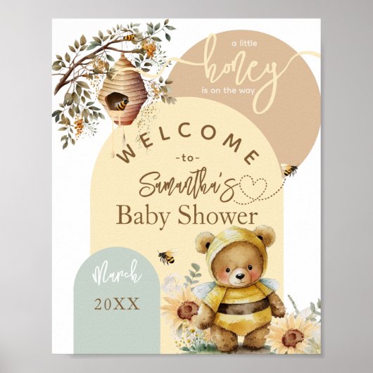 Poster Petit miel Bee Bear Baby shower accueil (Devant)