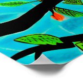 Poster Petit oiseau orange sur une branche de fleurs (Coin)