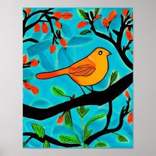 Poster Petit oiseau orange sur une branche de fleurs