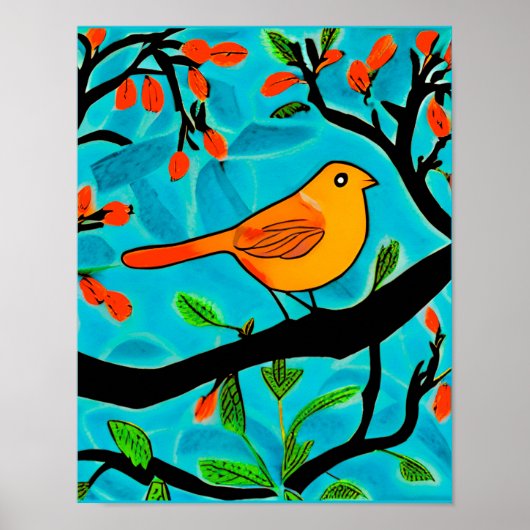 Poster Petit oiseau orange sur une branche de fleurs (Devant)