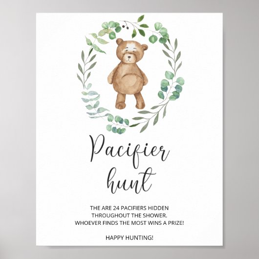 Poster petit ours chasse pacifier jeu de baby shower (Devant)