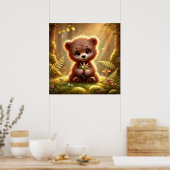 Poster Petit ourson avec des fleurs dans une forêt enchan (Cuisine)