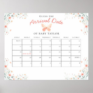 Poster Petit Papillon Coral Girl Baby shower Guess Date