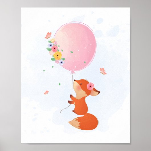 Poster Petit renard mignon volant avec ballon rose (Devant)