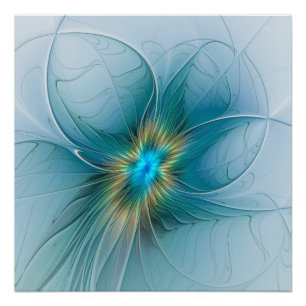 Poster Petite Beauté Moderne Fleur d'Art Fractal Bleu Or
