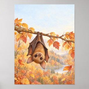 Poster Petite chauve-souris dans une forêt dorée automnal