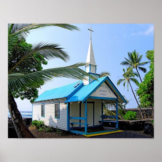 Poster Petite église bleue et blanche à Hawaii (Devant)